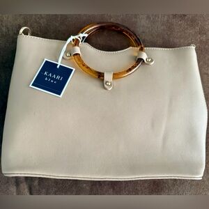 Kaari Blue Beige Leather Handbag with Tortoise Shell Handles (NWT)